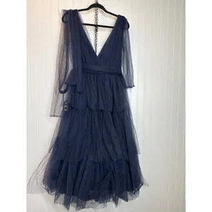NWT Lulus Flawless Arrival Navy Blue Tulle Tie-Strap Tiered Maxi Dress Size L thumbnail 5