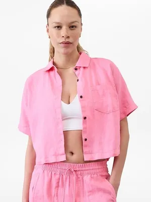 Athleta Retreat Linen Short Sleeve Shirt in vibrant pink size Small MSRP $89 thumbnail 1