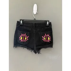 Killstar Womens‎ Black Distressed Witchy Patch Denim Shorts High Rise Small thumbnail 4