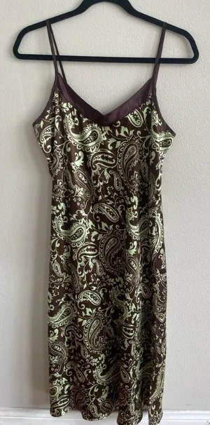 Brown & Light Green Paisley Slip Dress Size M thumbnail 1