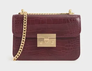 Burgundy Charles & Keith Croc-Effect Boxy Chain Strap Bag thumbnail 1