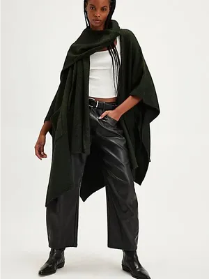 Free People Black Open-Front Knit Poncho with Pockets and Scarf ONE SIZE thumbnail 14