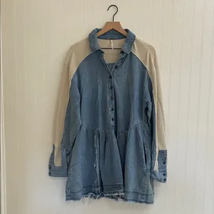 FREE PEOPLE Kenny Denim Mini Dress Tunic Waffle Raw Hem Boho Babydoll Size S thumbnail 5
