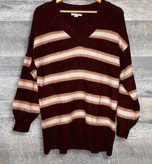 American Eagle Waffle Knit Tunic Sweater Women S Burgundy Striped V Neck Relaxed thumbnail 1