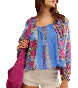Free People Elena Printed Peasant Top – Size Medium thumbnail 1