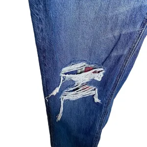 American Eagle Mom Straight Jean Blue Jeans Denim Ripped Plaid Patch Size 16 thumbnail 3