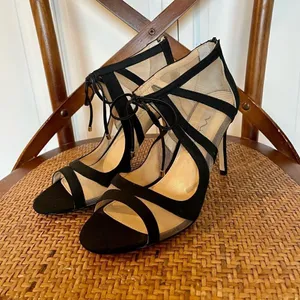 Nina Caleya black mesh tie closure stiletto heels sz 8 thumbnail 4