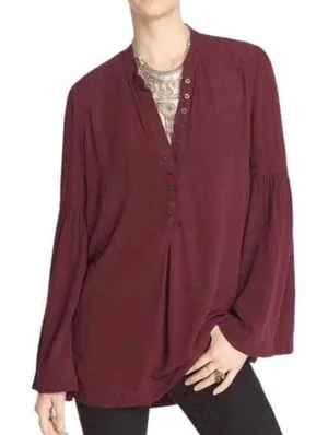 Free People Easy Girl Bell Sleeve Henley Top Women’s S Blouse Maroon Boho Rayon‎ thumbnail 1