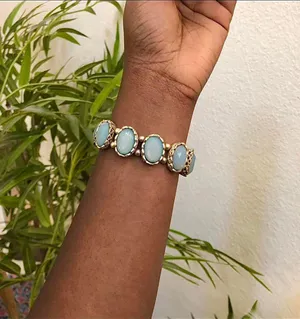 Gold tone Faux Turquoise Gemstone Blue Beaded Stretch Bracelet Bangle. Great for Layering #Boho #western #indie #hippie #cottagecore thumbnail 1