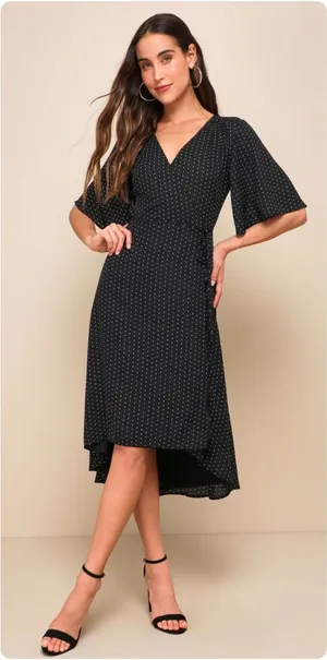 Lulus‎ Womens Farah Black Polka Dot Print Parisian Chic Midi Wrap Dress Size S thumbnail 1
