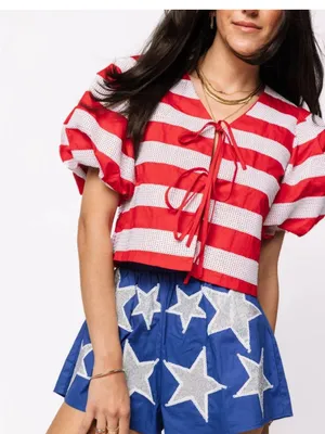 QUEEN OF SPARKLES Red & White Striped Tie-Front Puff Sleeve Crop Top thumbnail 1
