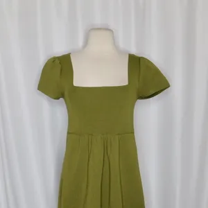 ZARA Squared Mini Babydoll Dress Puff Sleeves Solid Olive Green Knit Small thumbnail 3