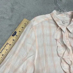 Loft Womens Shirt XL Orange White Plaid Button‎ Ruffle Cotton Top Ann Taylor thumbnail 3