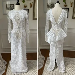 Vintage 80s Wedding Dress Heavily Embellished Long Sleeve Plunging Back S M 6 thumbnail 2