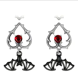 Gorgeous Black Bat Heart‎ Dangle Halloween Earrings with Ruby Color Decor Silver thumbnail 2