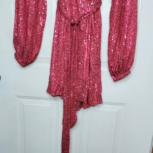 NWT Body Love Hot Pink Sequin Wrap Long Sleeve Party Dress LG holiday bling midi thumbnail 3