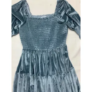Baltic Born size large mini new velvet Smocked Square-Neck Dress Steel Blue thumbnail 5