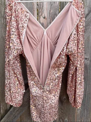EUC Free People Dance All Night Sequined V Neck Puff SIv. Dress Rose Gold Small thumbnail 11