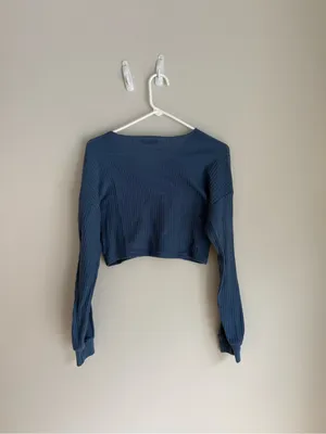 SHEIN Navy Waffle Knit Long Sleeve Cropped V-Neck Top thumbnail 3