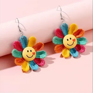 Rainbow Color Sunflower Smiling Face Design Dangle Earrings‎ Cute Knit Style thumbnail 3
