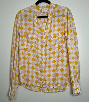 Piyama Checkered Pajama Shirt M Pink‎ Yellow White Button Down 100% Rayon Bali thumbnail 1