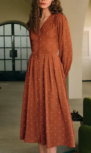 Rihoas Brown Polka Dot Pleated Midi Dress thumbnail 1