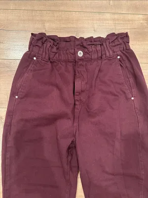 Zara Burgundy Wine Paperbag Elastic Waist Pants Sz 6 thumbnail 2
