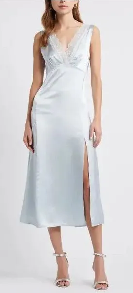 Open Edit Lace Trim Satin Slip Dress in Light Blue thumbnail 1