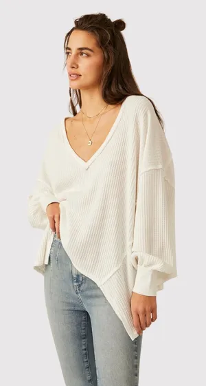 We The Free Womens Top White Coraline Thermal V Neck Waffle Knit Oversized XS thumbnail 1