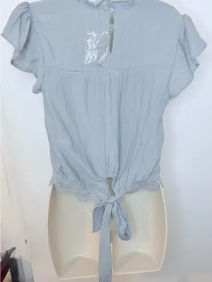Mine Dusty Blue Lace Trim Blouse Short Sleeve Ruffle Neck Boho Women’s M thumbnail 8