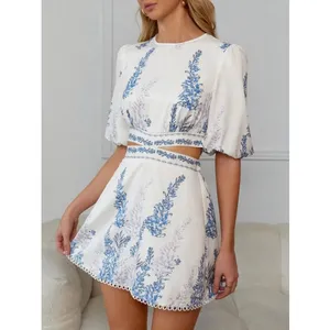 Shein White Plants Print Cut Out Tie Back Lantern Sleeve Boho A Line Dress Sz S thumbnail 3