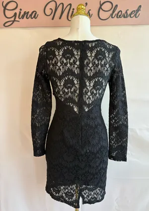 Sage Black Lace Long Sleeve Sheath Dress, Size Medium thumbnail 2
