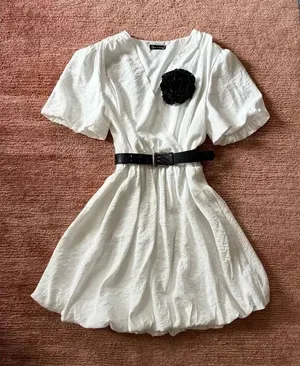 PrettyGarden White Wrap Dress XL Puff Sleeve V-Neck Flowy thumbnail 1