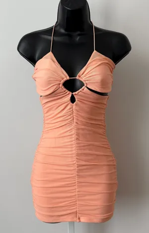 Oh Polly sz 4 Peach‎ Ruched Halter Cutout Mesh Bodycon Mini Dress Party thumbnail 1