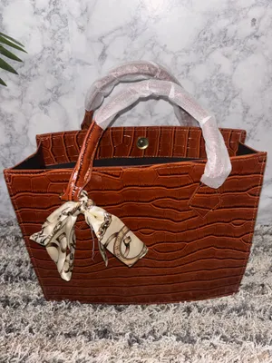 Brown Croc Embossed Top Handle Handbag with Scarf thumbnail 5