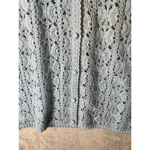 Vintage Hand Crocheted Wool Cardigan Blue Cottagecore Boho‎ Grannycore Dainty LG thumbnail 3