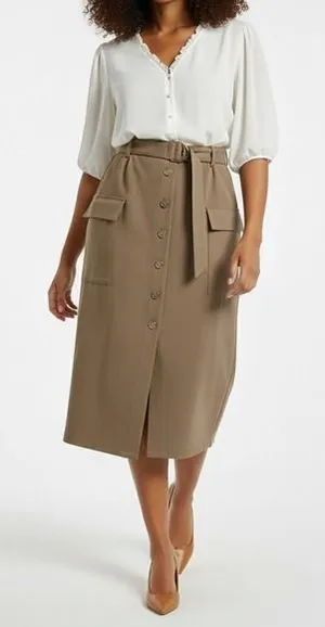 NYCC Button Front Belted Midi Skirt Womens L Taupe Stretch‎ Utility Corporate thumbnail 1