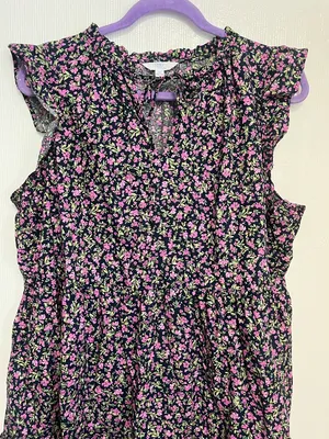 Time and Tru Black Floral Tiered Midi Dress with Pink and Green Print thumbnail 3