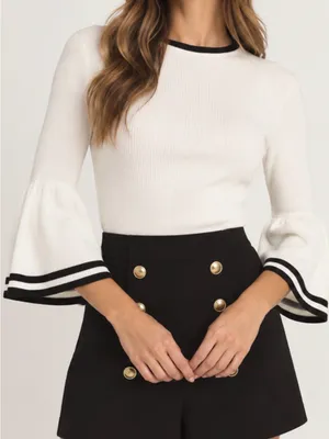 Anthropologie Maeve Modern Ivory Black Bell Sleeve Ribbed Flute Sweater thumbnail 1