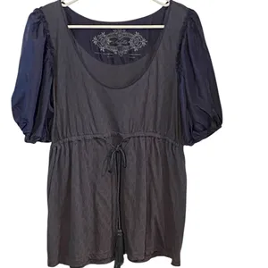 Anthropologie Deletta Elegant Blue puff sleeve belted tassle Top silk cotton thumbnail 2