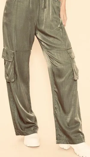 BUZZ FASHION Cargo Wide Leg PULL-ON SATIN Effect heigh waisted stretchy pants L thumbnail 1