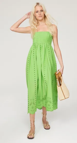 Slate & Willow Green Eyelet Sleeveless Square Neck Empire Midi Dress Size XS thumbnail 1