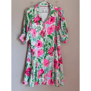Lilly Pulitzer Shirt Dress Womens 10 Pink Green Floral Puff Sleeve Button Front thumbnail 2