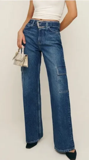 Reformation Cary Cargo High Rise Slouchy Wide Leg Jeans Size 29 Medium Wash thumbnail 1