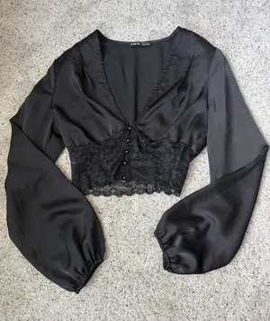 SheIn Black Satin Lace-Trim Button Crop Top thumbnail 1