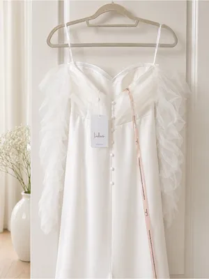 Lulu's Ivory Satin Wedding Dress with Ruffled Tulle Sleeves thumbnail 7