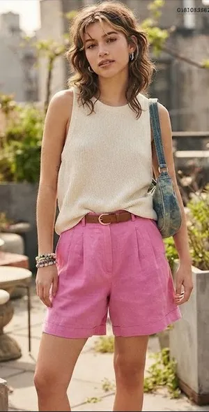 Vintage Giorgio Sant'Angelo Linen Blend Shorts Women's 12 Pink Pleated High Rise thumbnail 1