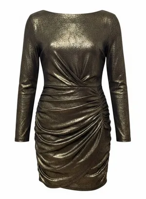 ASTR The Label Mini Dress Sz L Gold Metallic Ruched Long Sleeve Party Glam thumbnail 1