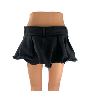 Edikted Black Denim Pleated Raw Frayed Hem Micro Mini Flare A-Line Skirt Size M thumbnail 2