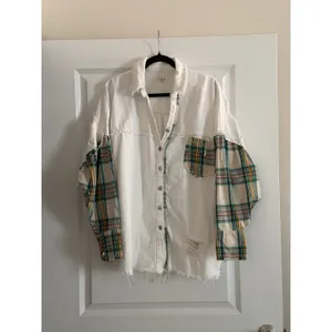 POL White Denim Shacket Plaid Contrast Distressed Raw Hem XL Oversized thumbnail 3